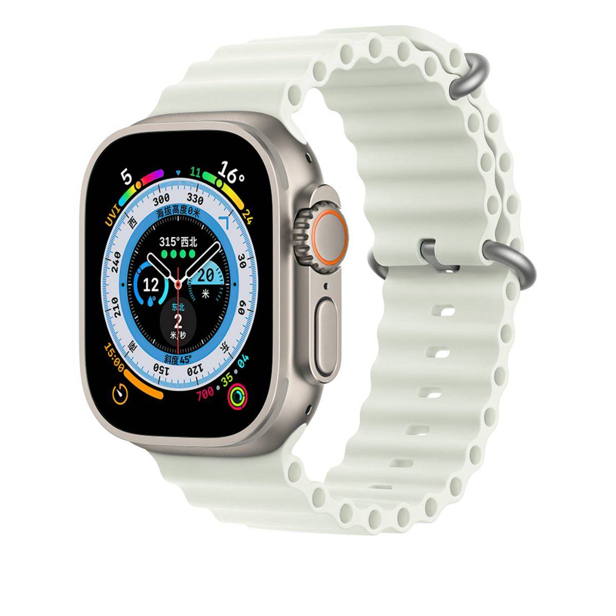 Light Green Ocean Series Silicone Apple Watch Band 42/44/45mm attached to an Apple Watch. Soft, flexible, and perfect for an active lifestyle.